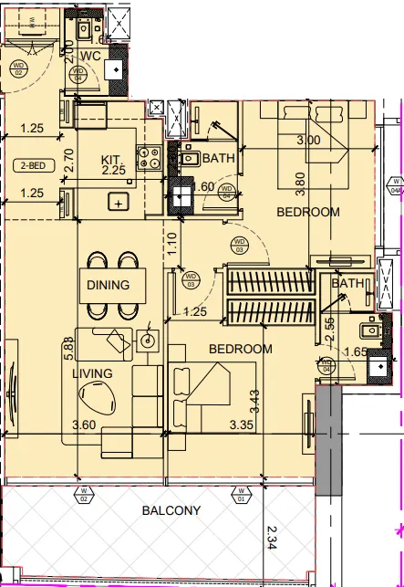 Binghatti Moonlight 2 bed floor plan, 1,025 sqft