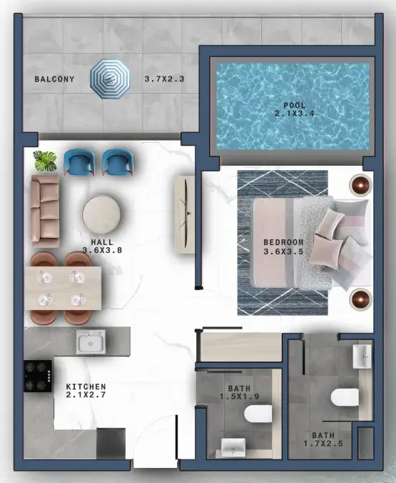 Miami Studio floor plan, 523 sqft