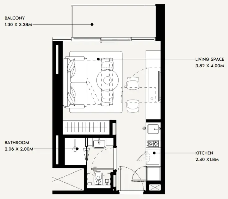 Jaddaf Beach Oasis Studio floor plan, 329 sqft