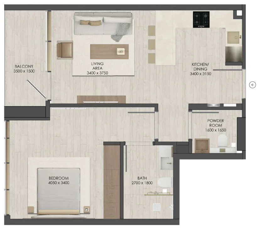 JAD 288 1 bed floor plan, 659 sqft