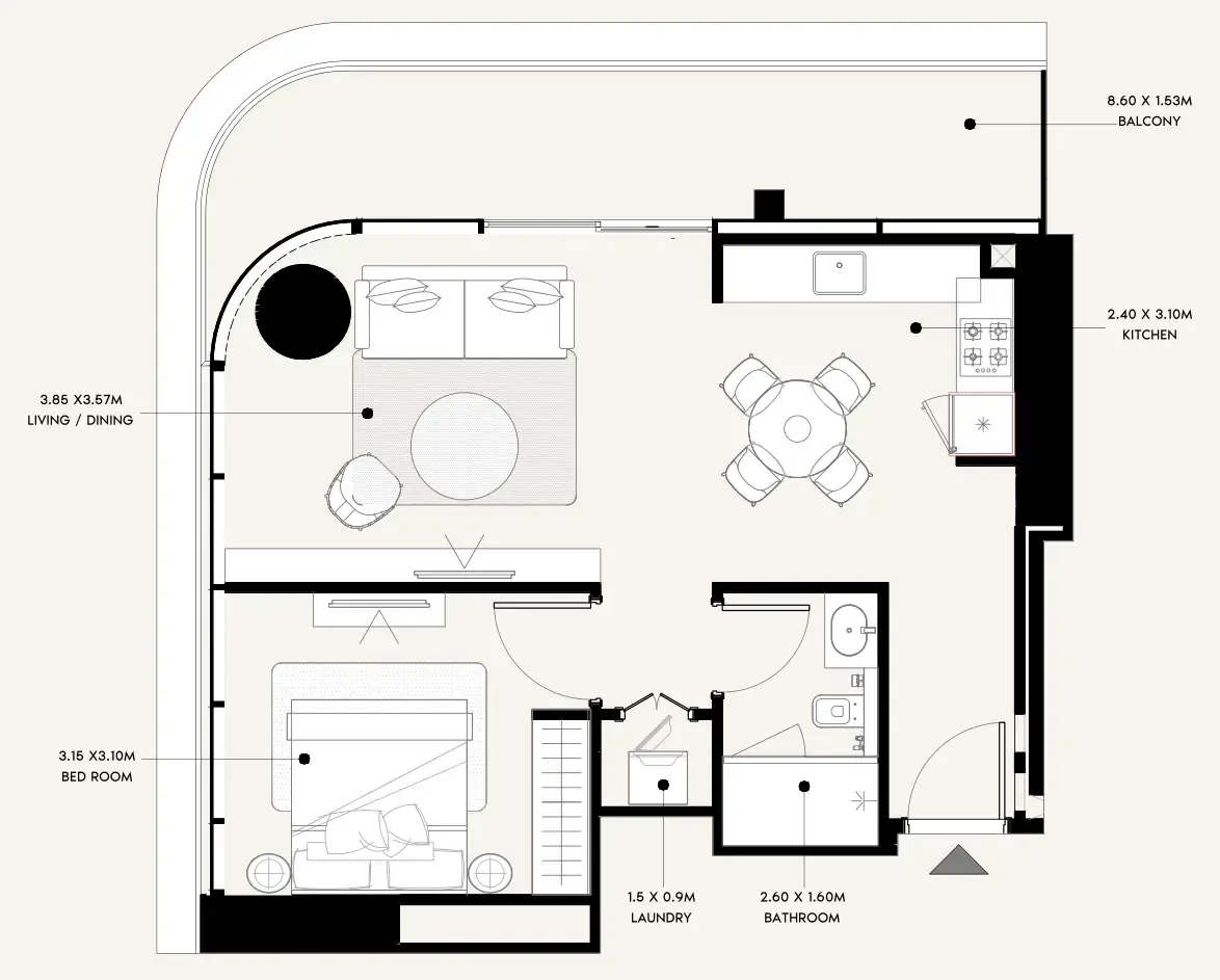 Azizi Milan 1 bed floor plan, 744 sqft