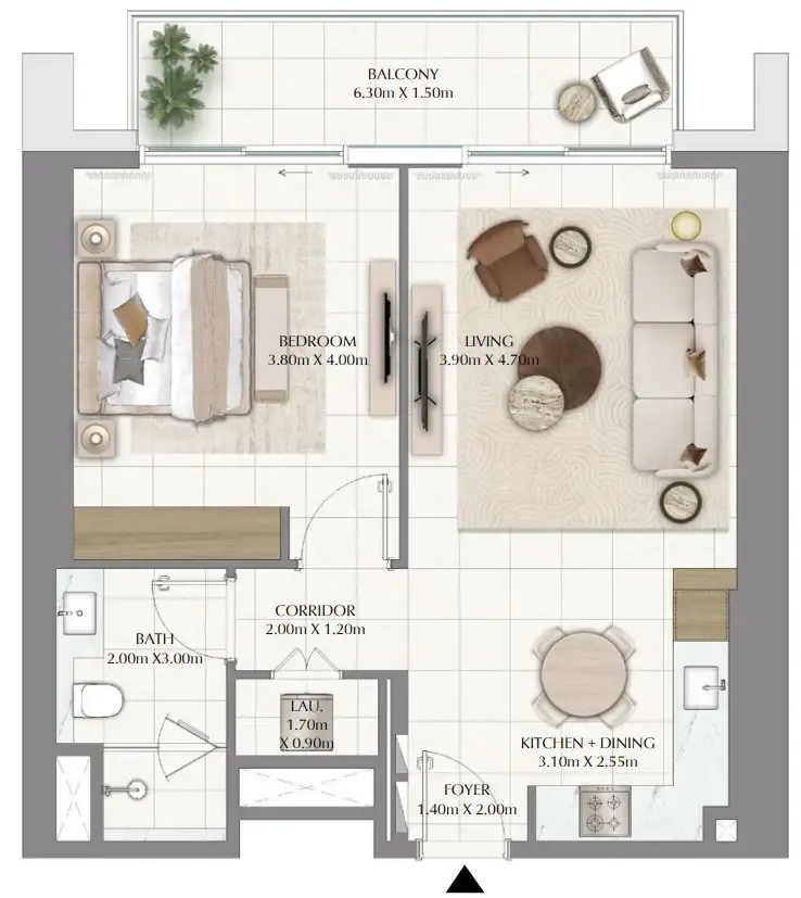 Valia 1 bed floor plan, 817 sqft