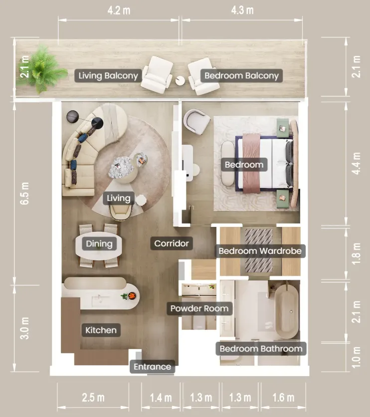 Mandarin Oriental Residences 1 bed floor plan, 1,089 – 1,122 sqft