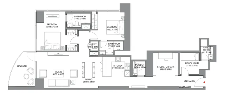 Skyscape 2 bed floor plan, 1,512 sqft