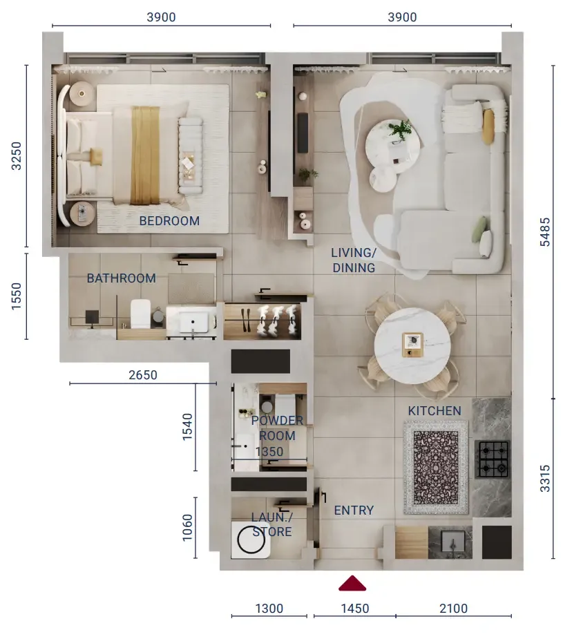 Mirdad 1 bed floor plan, 652 sqft