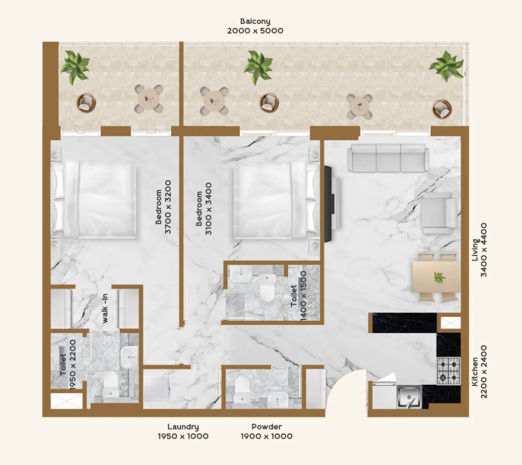 RR Residence 2 bed floor plan, 937 – 971 sqft