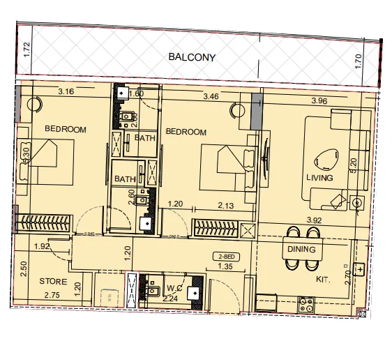 Binghatti Aquarise 2 bed floor plan, 1,332 sqft