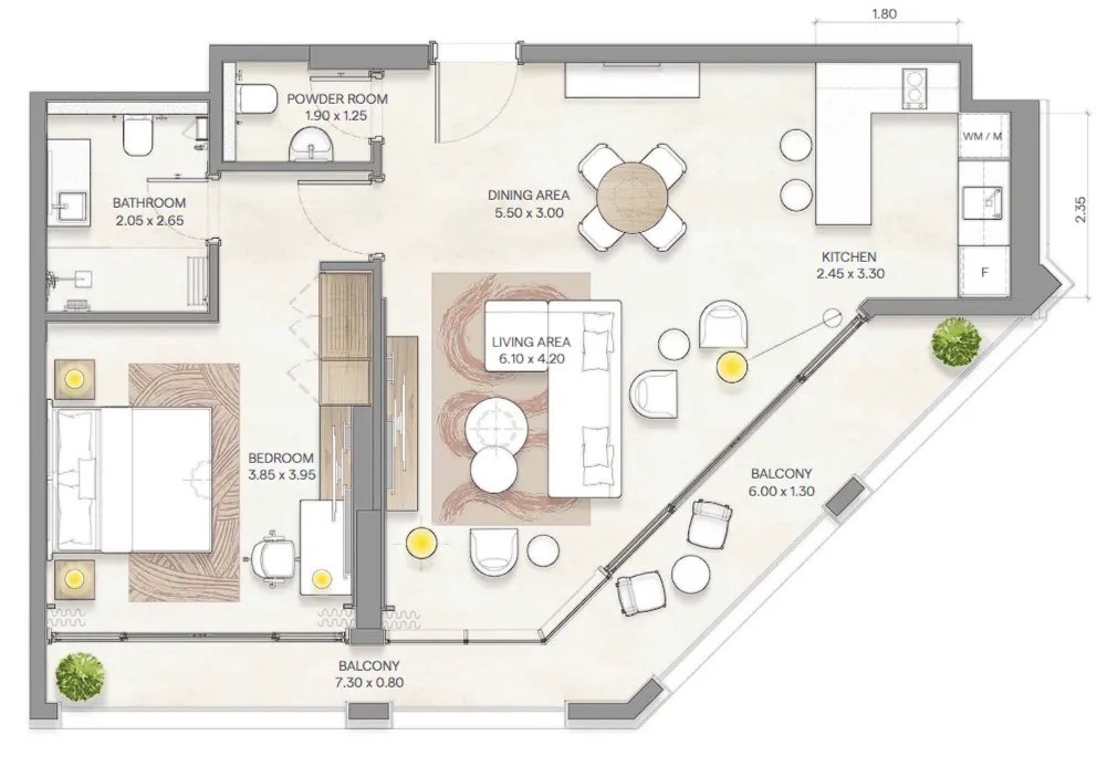 Bloom Arjaan by Rotana  1 bed floor plan, 970 sqft