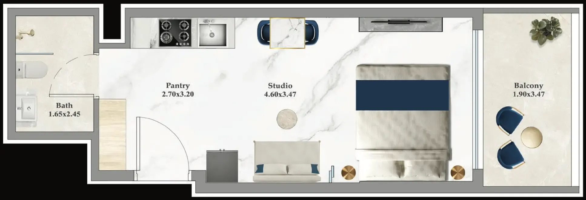 Aspirz Studio floor plan, 388 sqft