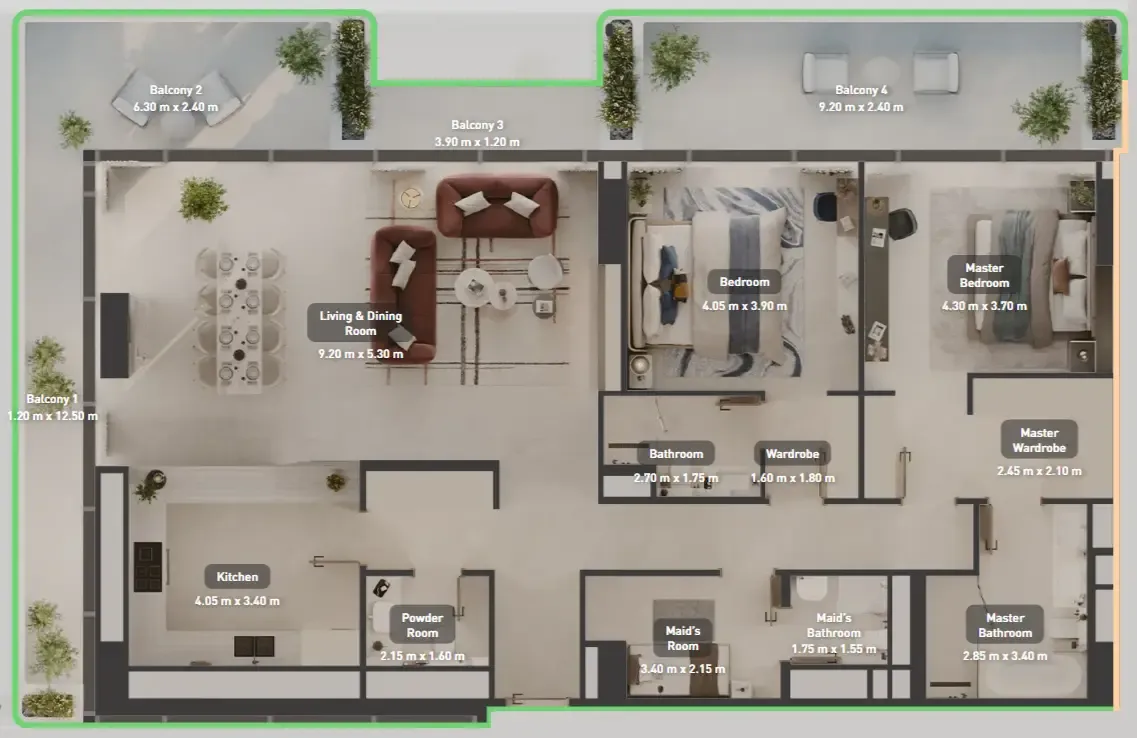 Luluat Marina at Luluat Al Raha 2 bed floor plan, 2,328 sqft