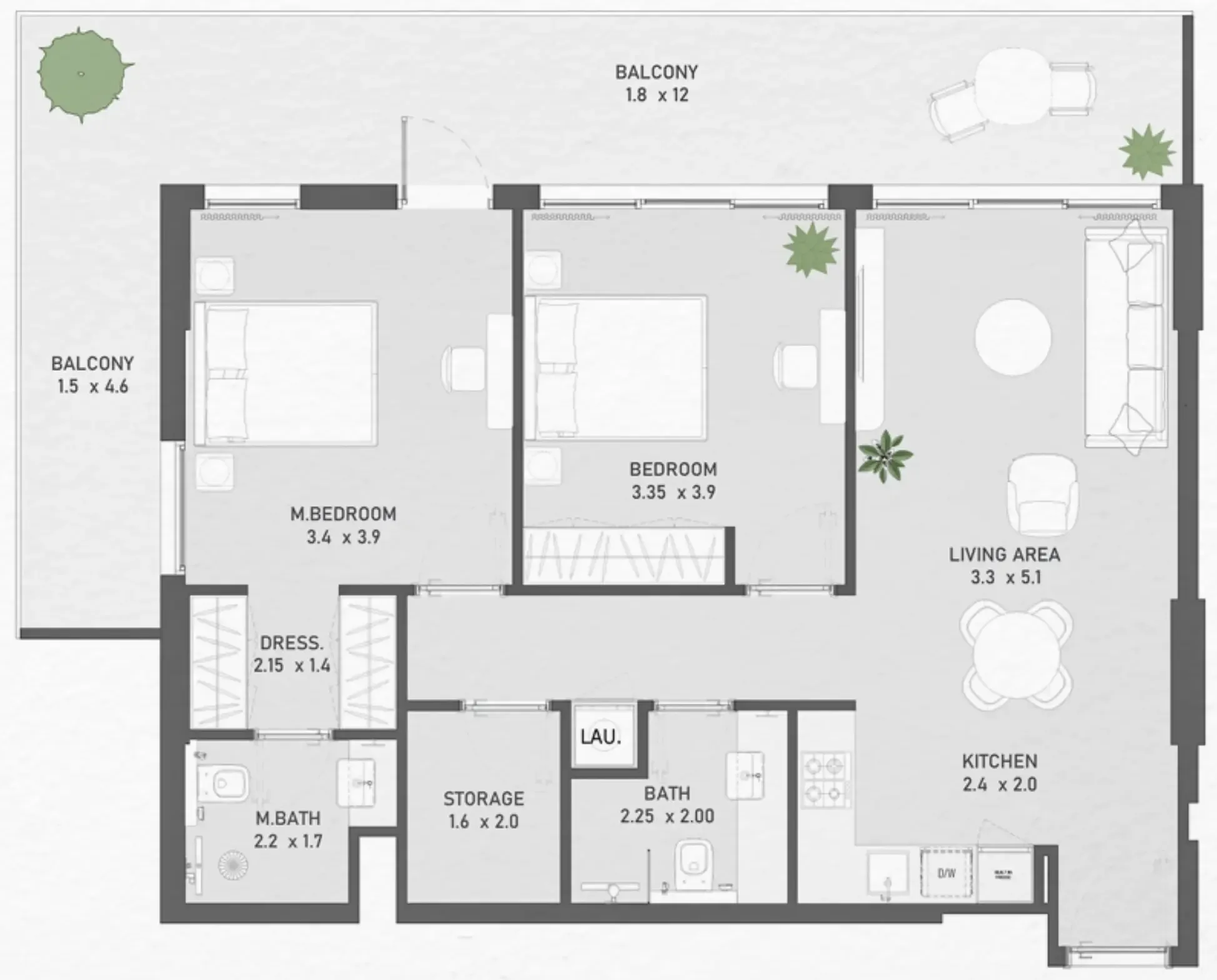 Ayami Residence 2 bed floor plan, 1,168 sqft