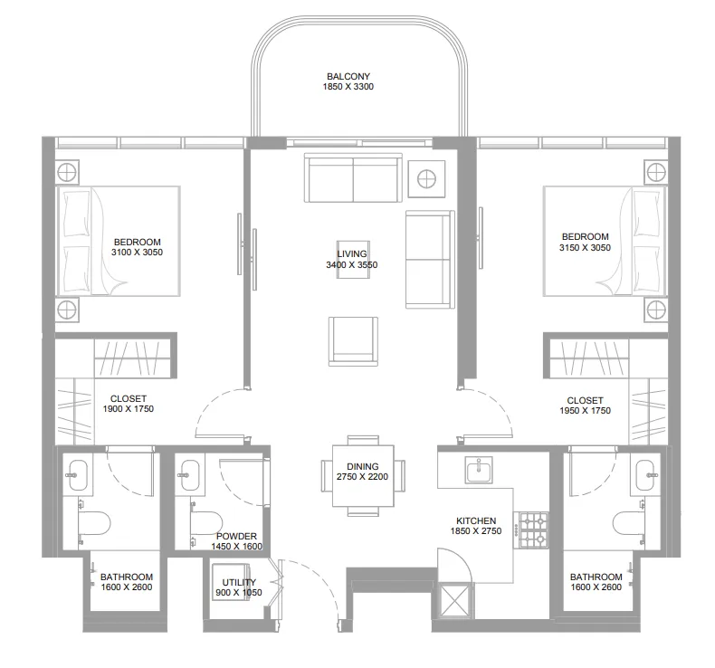 Pierside Marina Residences 2 bed floor plan, 908 sqft