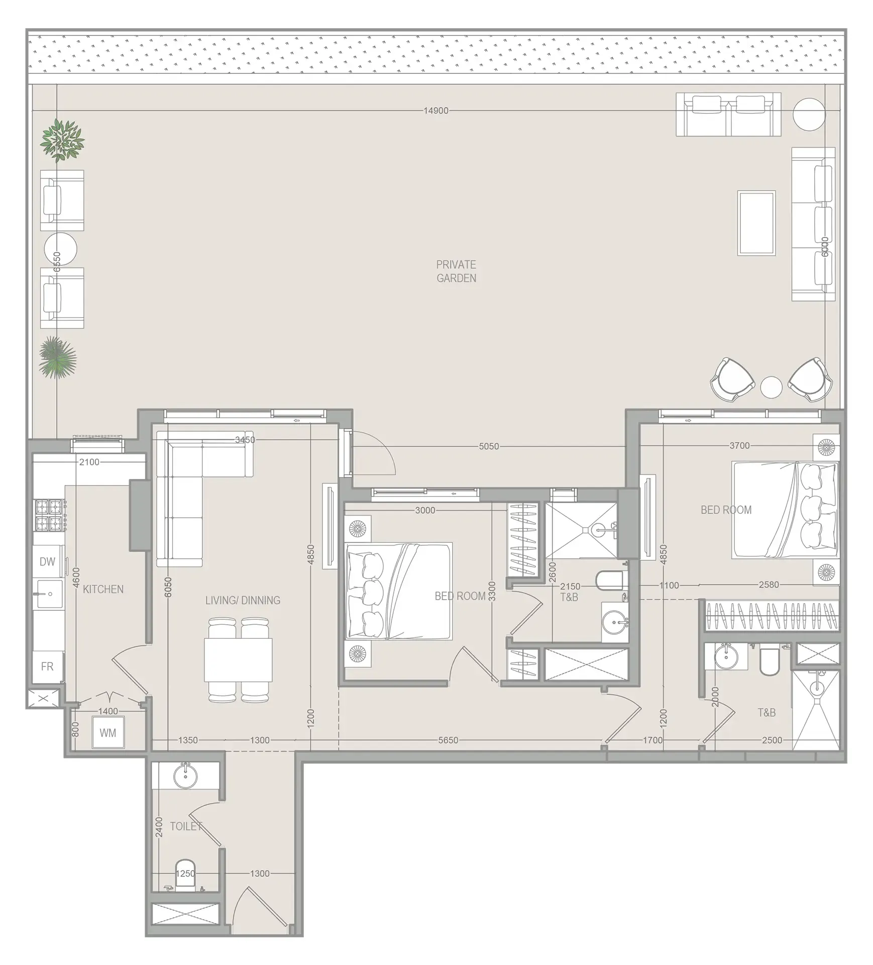 FLU1D ONE 2 bed floor plan, 2,242 sqft