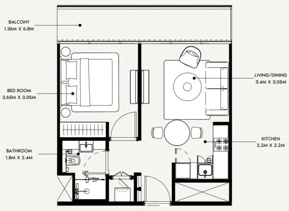 Creek Views 4 1 bed floor plan, 545 sqft