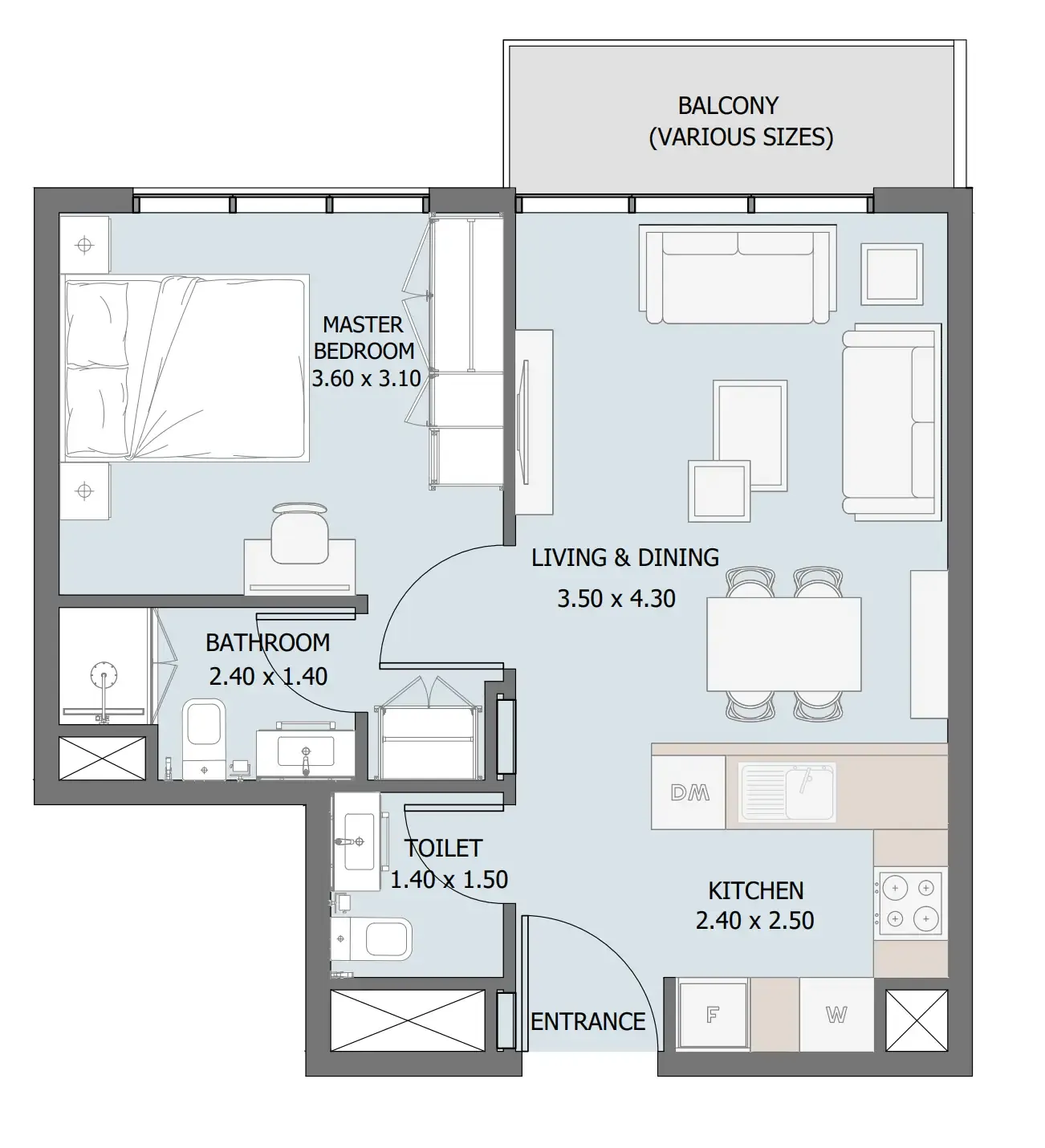 Verdana III 1 bed floor plan, 539 – 540 sqft