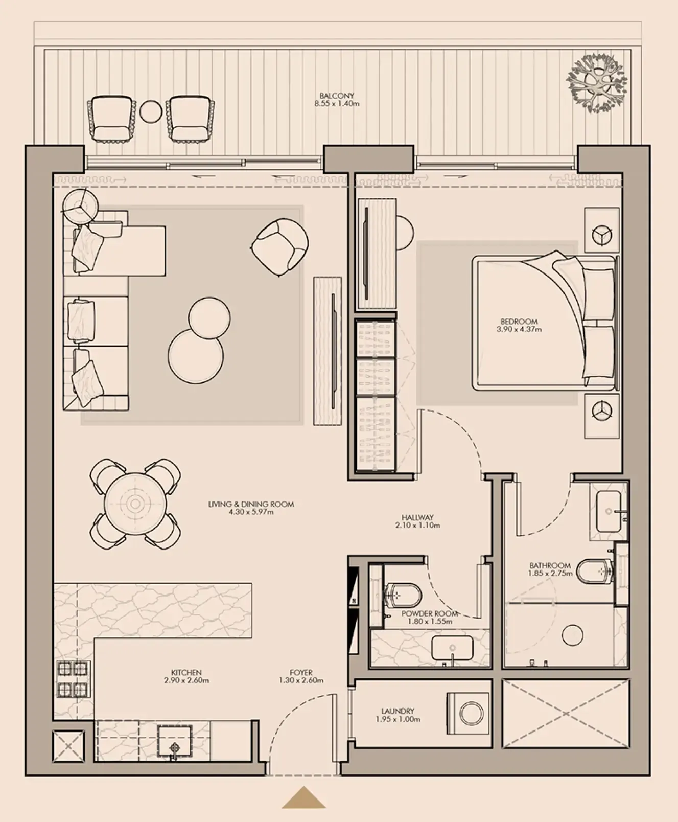 Nourelle 1 bed floor plan, 948 sqft