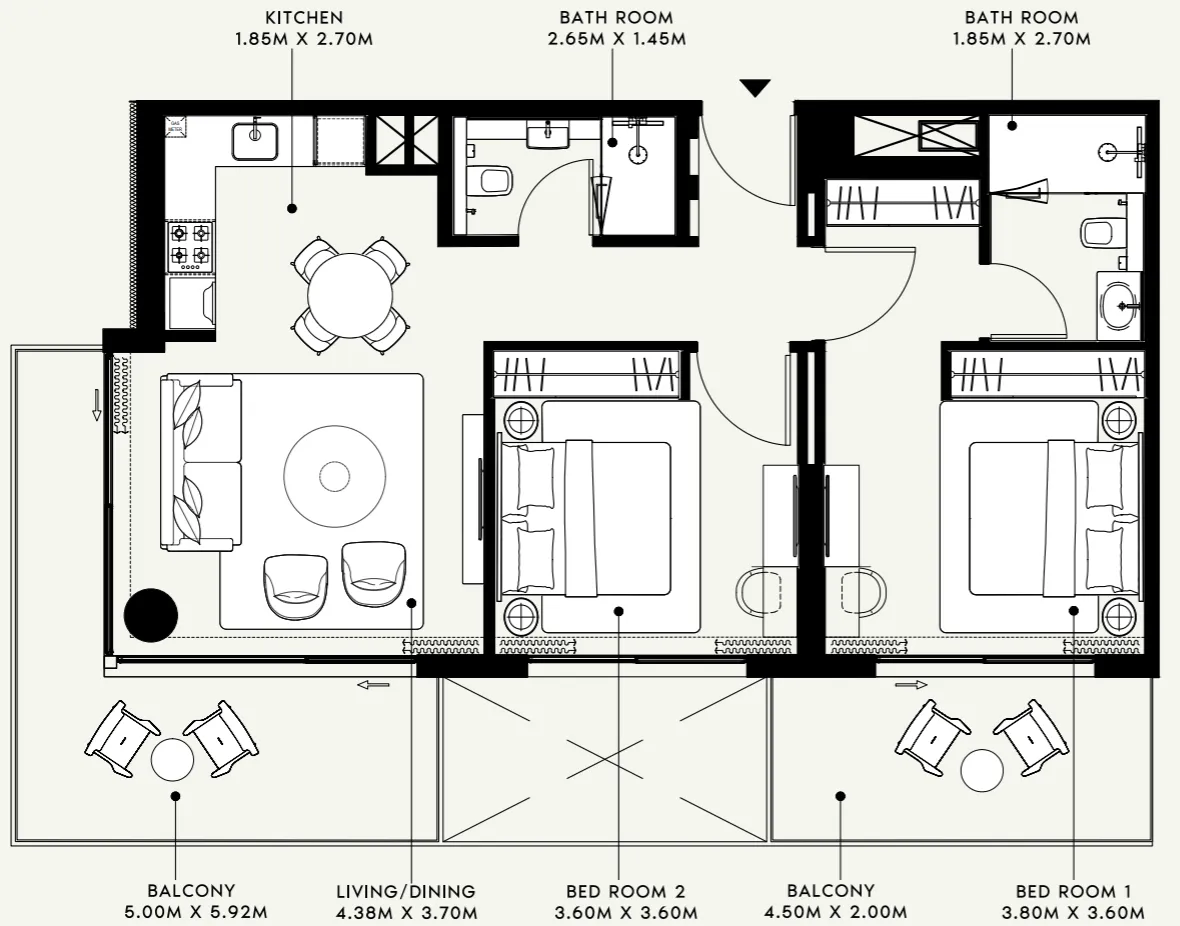 Azizi Venice 2 bed floor plan, 1,085 sqft