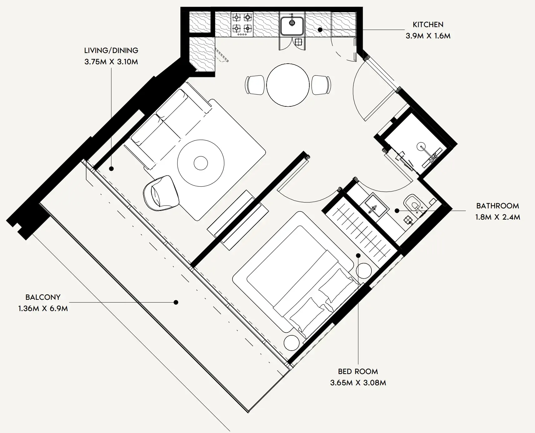 Creek Views 4 1 bed floor plan, 559 sqft