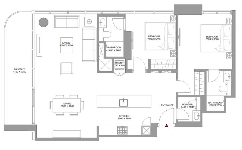 Pristine Beach Residences 2 bed floor plan, 1,211 sqft