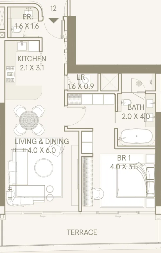 Saas Hills 1 bed floor plan, 948 – 1,116 sqft