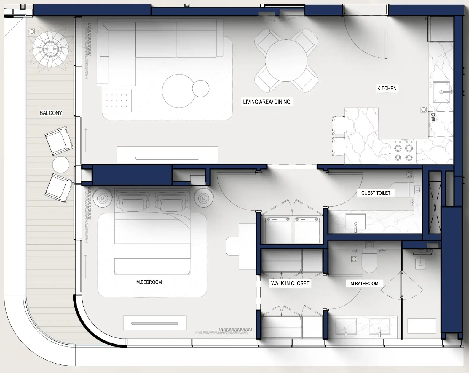 Hilton Residences 1 bed floor plan, 868 sqft