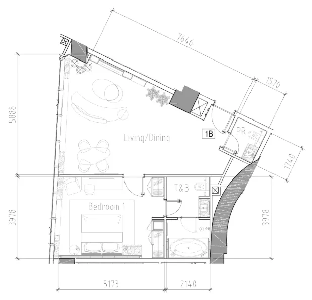 Paramount Tower Hotel And Residences 1 bed floor plan, 844 sqft