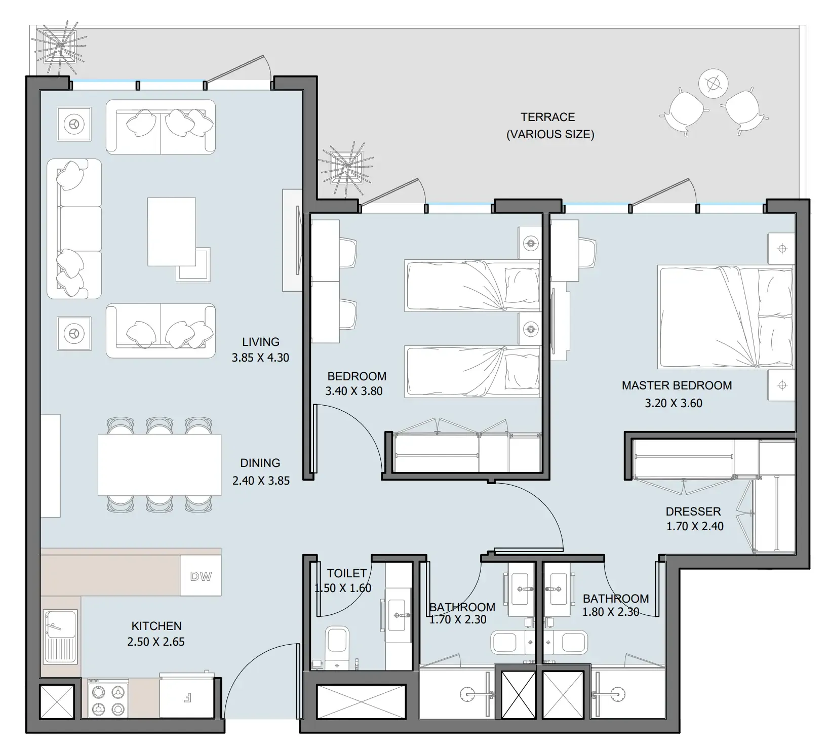 The District 2 bed floor plan, 1,076 sqft