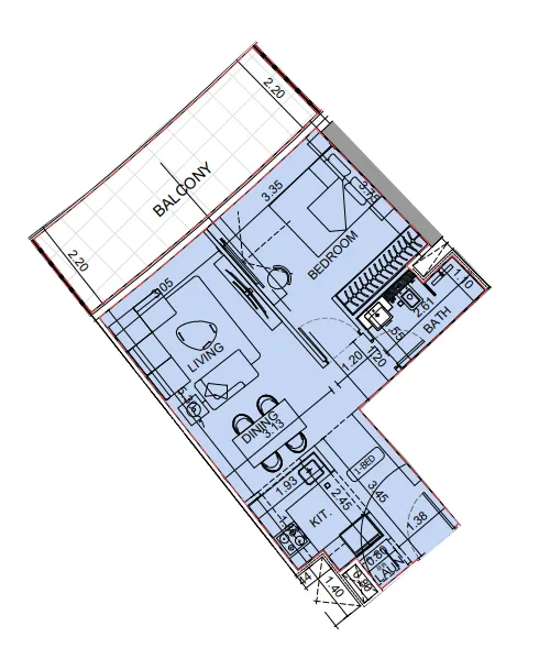 Binghatti Aquarise 1 bed floor plan, 714 sqft