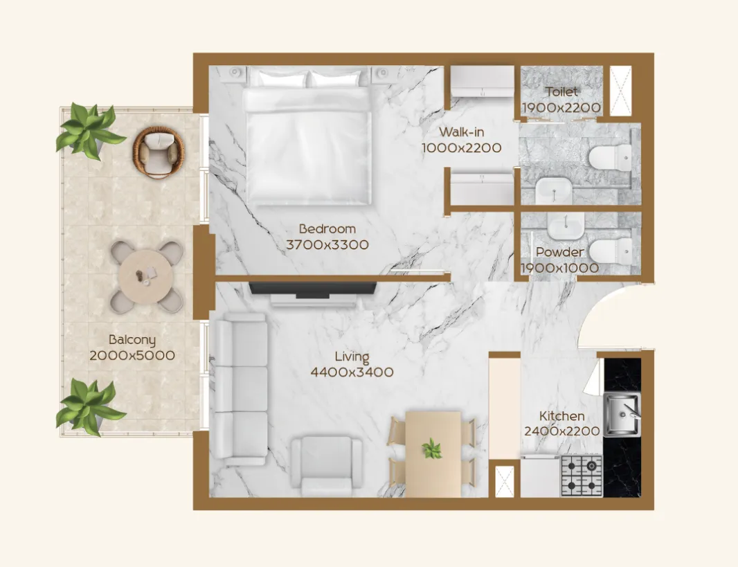 RR Residence 1 bed floor plan, 677 sqft