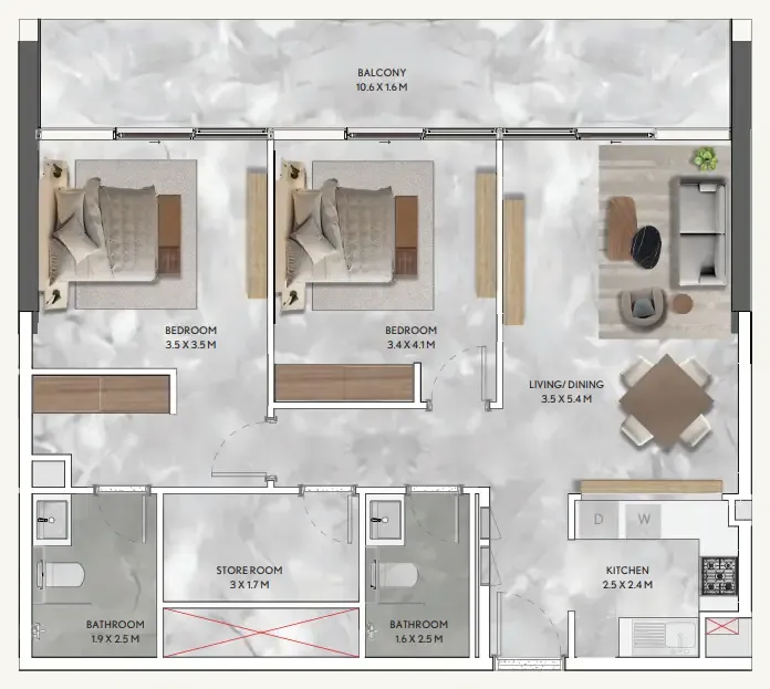 California Residences 2 bed floor plan, 1,136 sqft