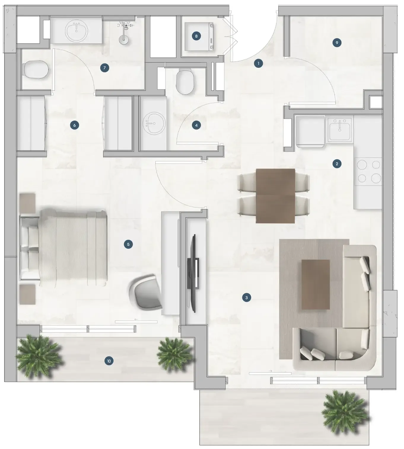 Sola Residences 1 bed floor plan, 733 sqft