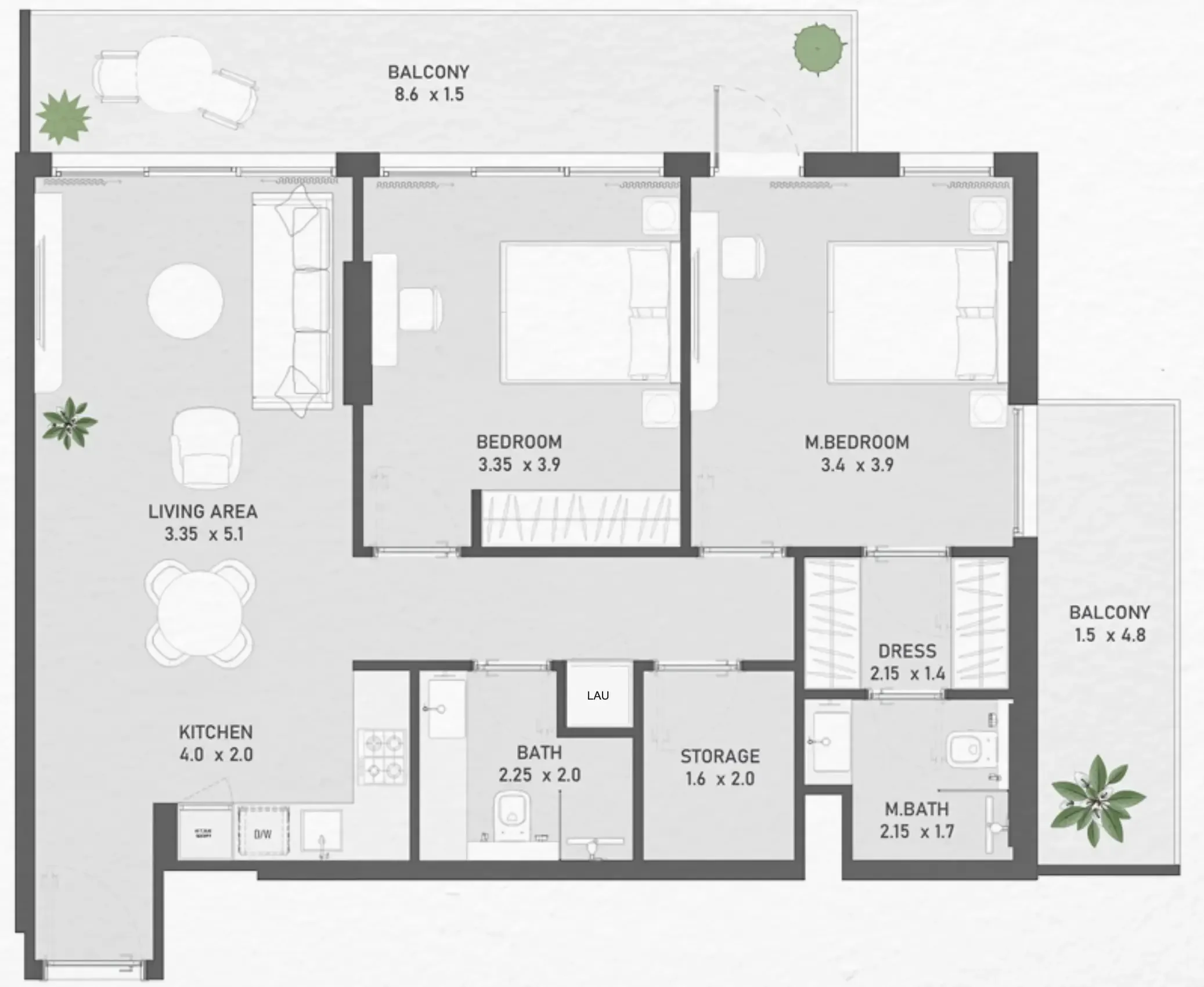 Ayami Residence 2 bed floor plan, 1,085 sqft