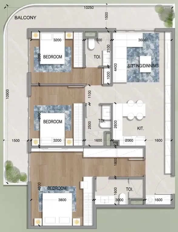 Oasis Residences 3 bed floor plan, 1,391 sqft