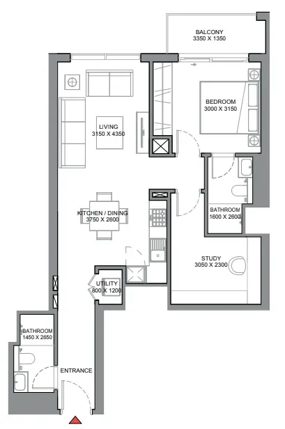 350 Riverside Crescent 1 bed floor plan, 843 sqft