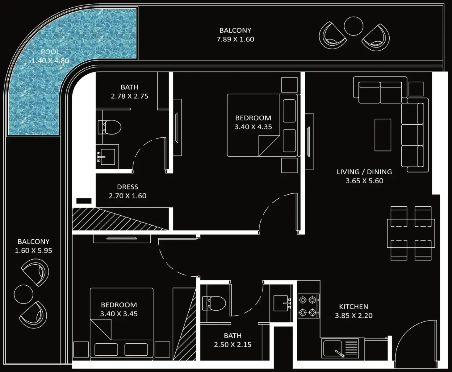 Bayz 101 2 bed floor plan, 1,127 – 1,128 sqft