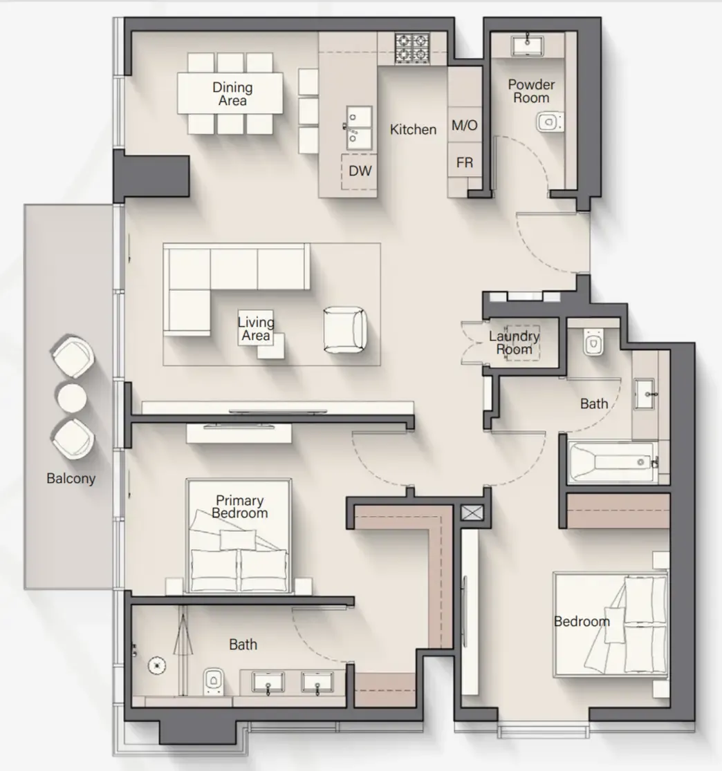 Riverton House 2 bed floor plan, 1,236 sqft