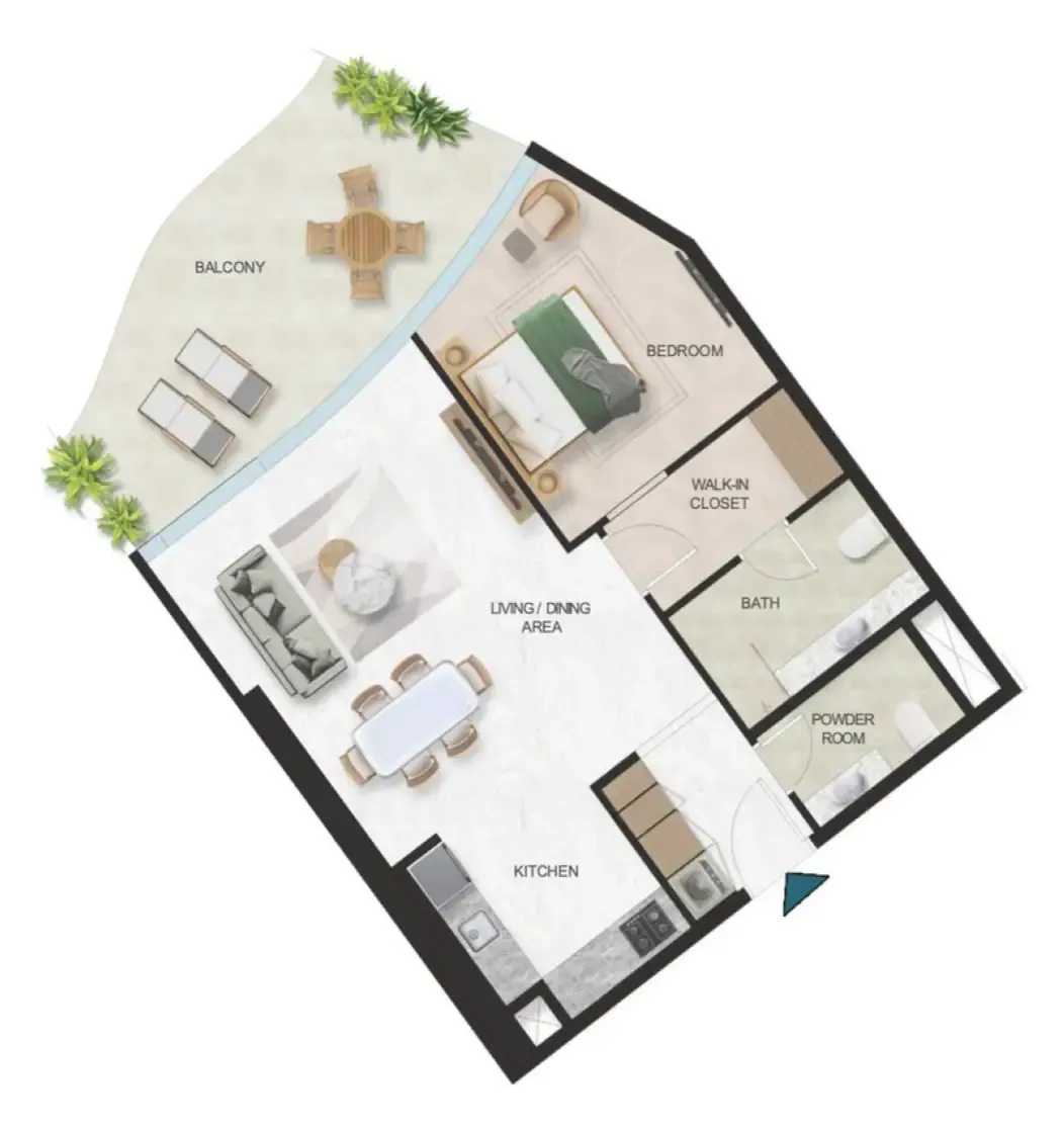 Oystra 1 bed floor plan, 942 sqft