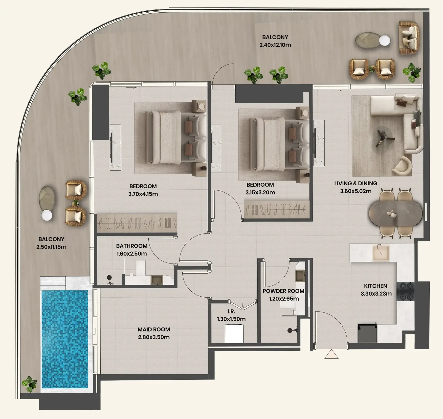 Divine Al Barari 2 bed floor plan, 1,580 sqft