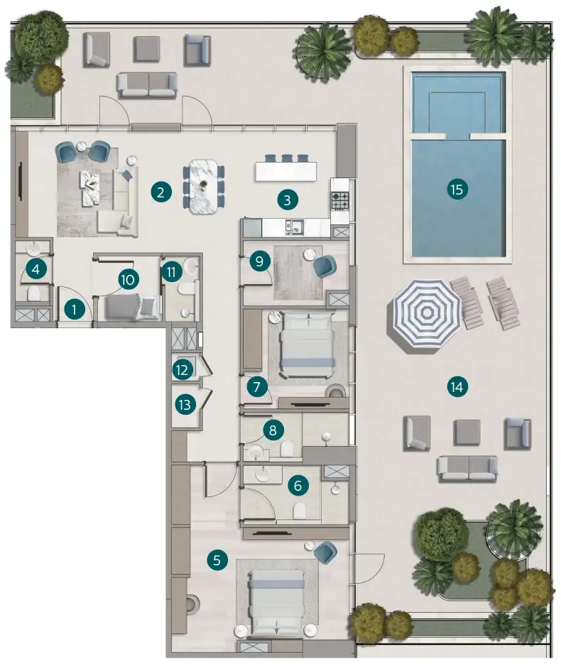 Flora Shore Beachside Residences 2 bed floor plan, 3,179 sqft