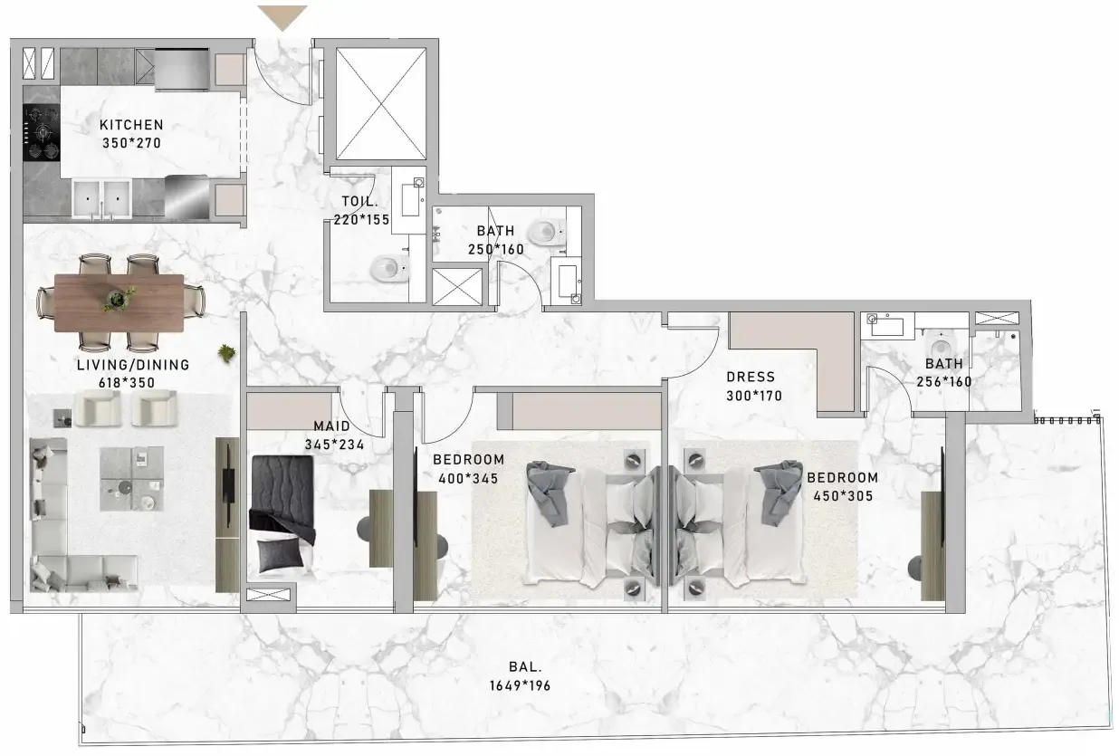 Al Serh Residences 11 2 bed floor plan, 1,563 sqft