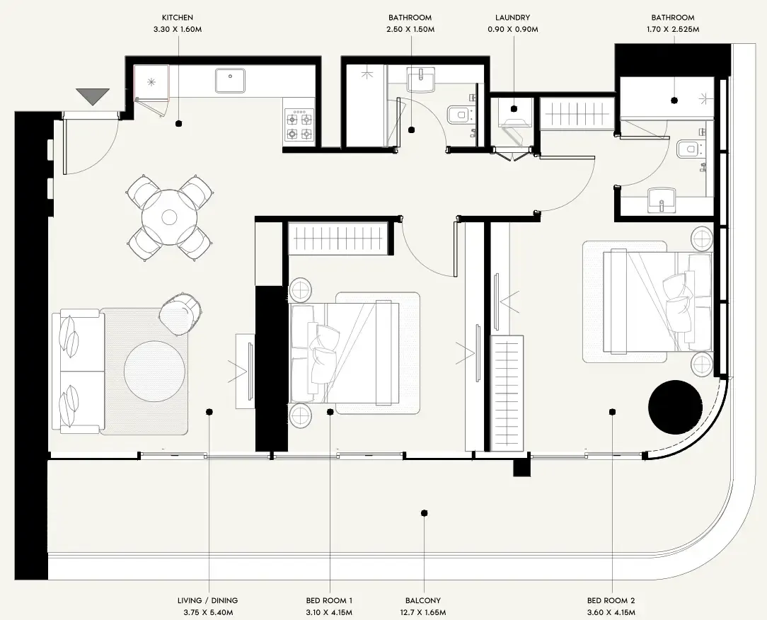 Azizi Milan 2 bed floor plan, 933 – 1,160 sqft