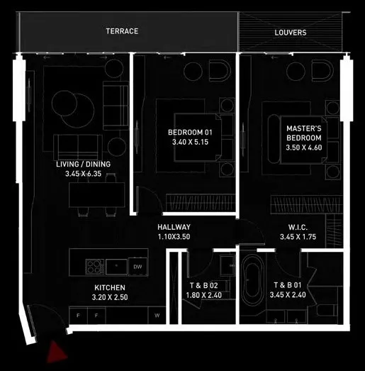 Brabus Island 2 bed floor plan, 1,157 sqft