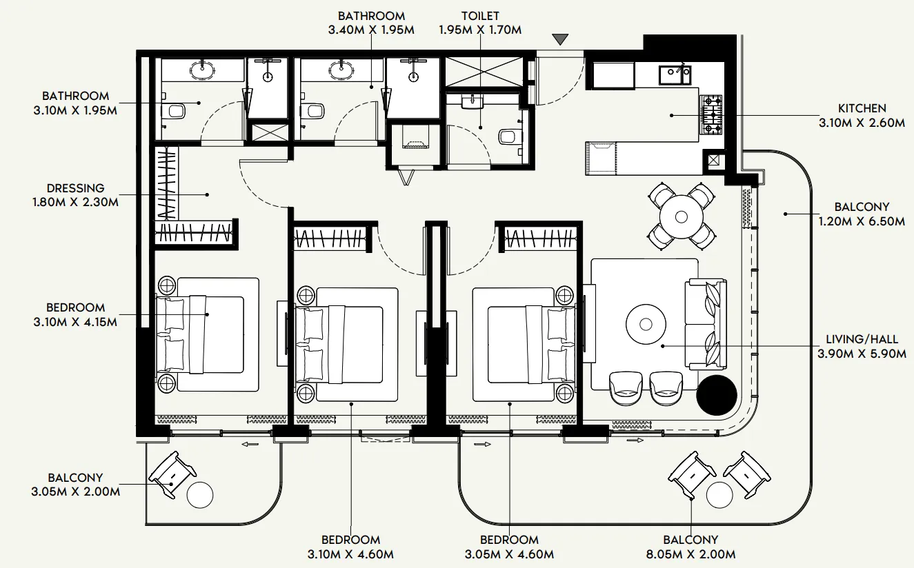 Azizi Venice 3 bed floor plan, 1,620 sqft