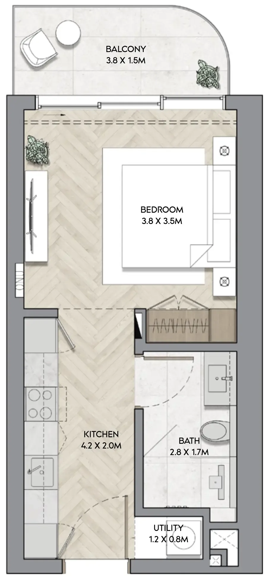 Nura Studio floor plan, 393 – 407 sqft