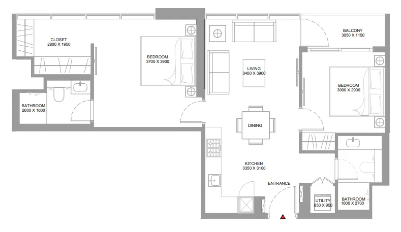 Pristine Beach Residences 2 bed floor plan, 840 sqft