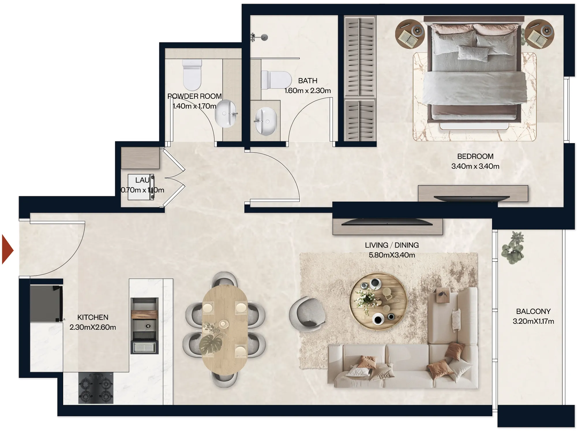 Norah Residence 1 bed floor plan, 674 sqft