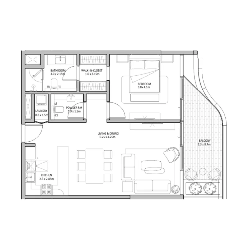 The Blue Beach Residence 1 bed floor plan, 943 sqft