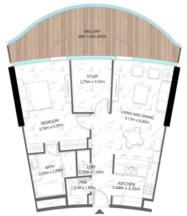 Aqua Arc 1 bed floor plan, 1,305 sqft