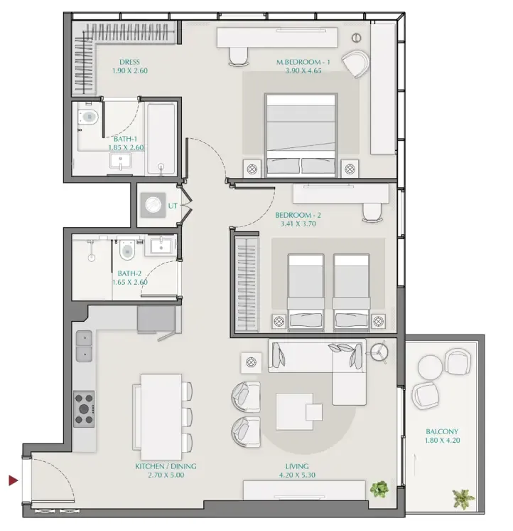 Avenue Park Towers 1 at Wasl 1 2 bed floor plan, 1,174 sqft