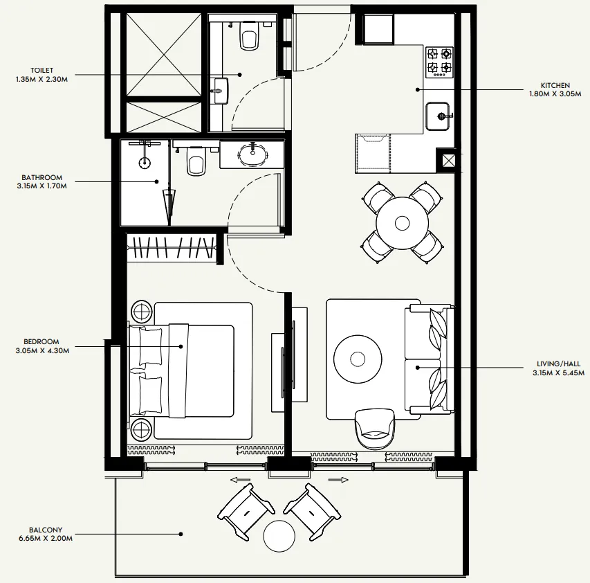 Azizi Venice 1 bed floor plan, 735 sqft